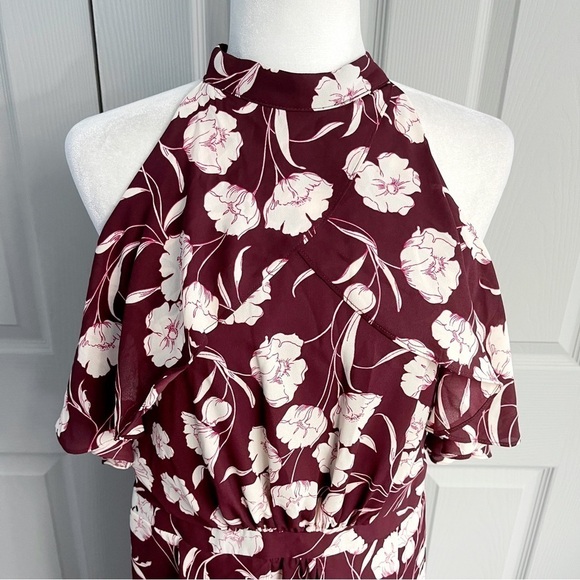 Lauren Conrad Maroon & White Floral Halter Sleeveless Maxi Dress - 16 - Picture 2 of 11